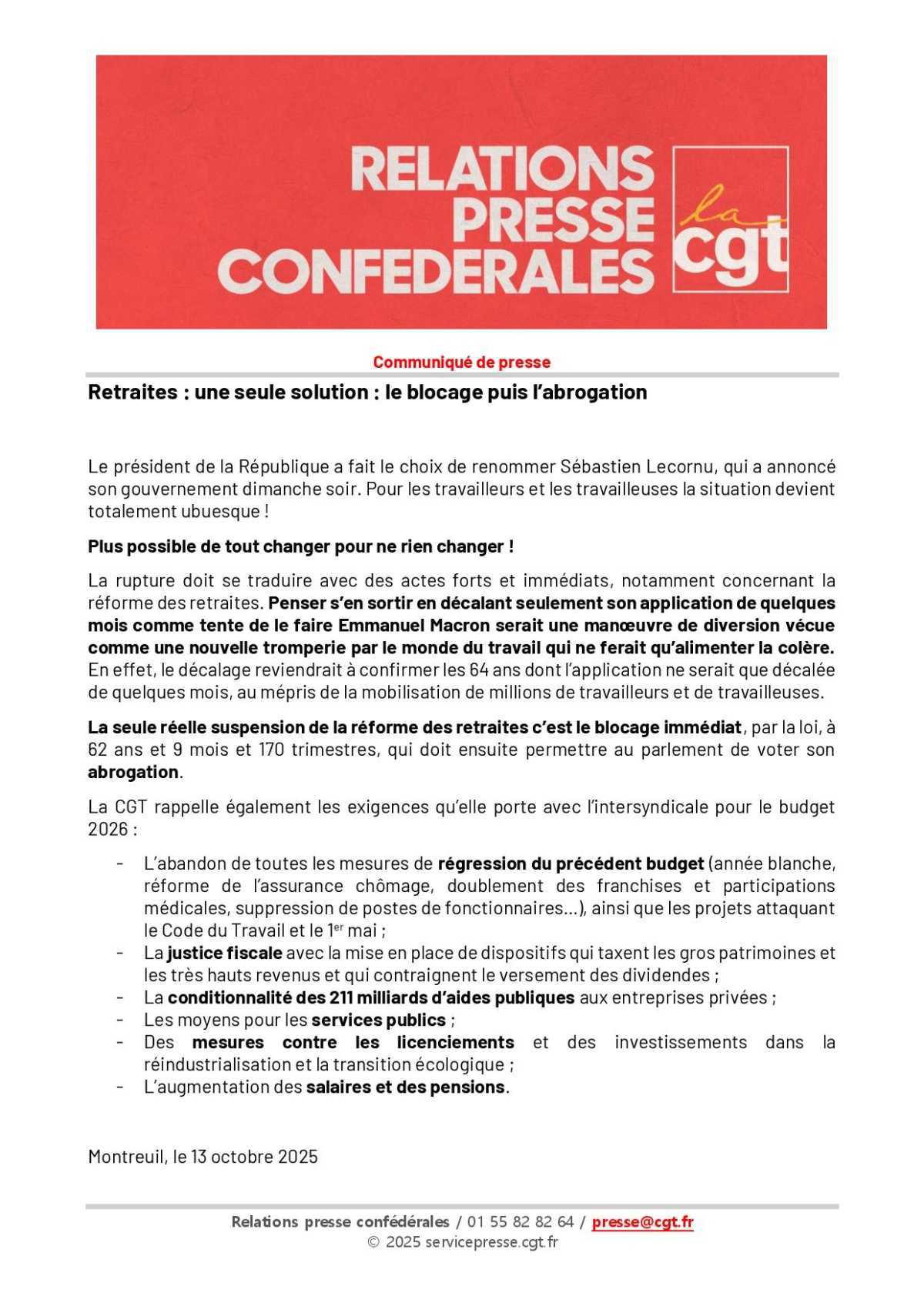 [Relations presse confédérales] Retraites : Une seule solution : le blocage puis l'abrogation.
