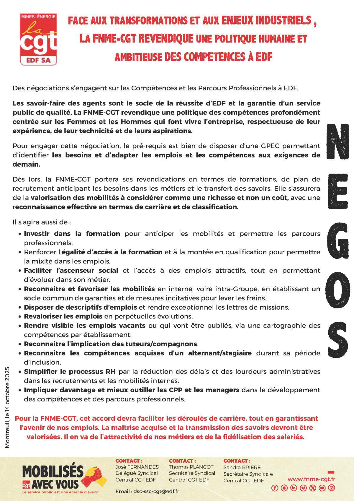 Face aux transformations et aux enjeux industriels , la FNME-CGT revendique une politique humaine et ambitieuse des compétences à EDF SA