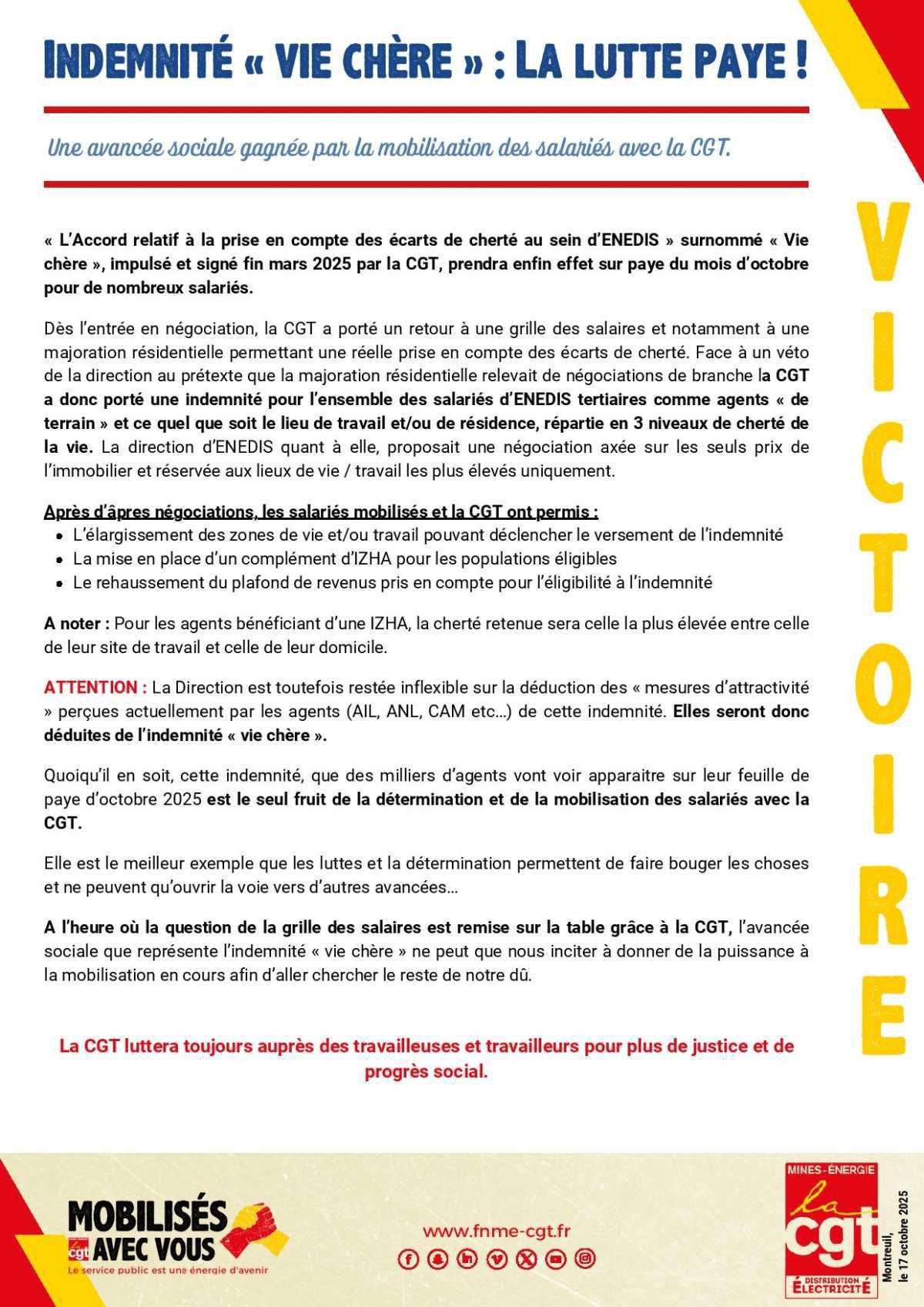 [Enedis]: Indemnité "vie chère": la lutte paye ! 