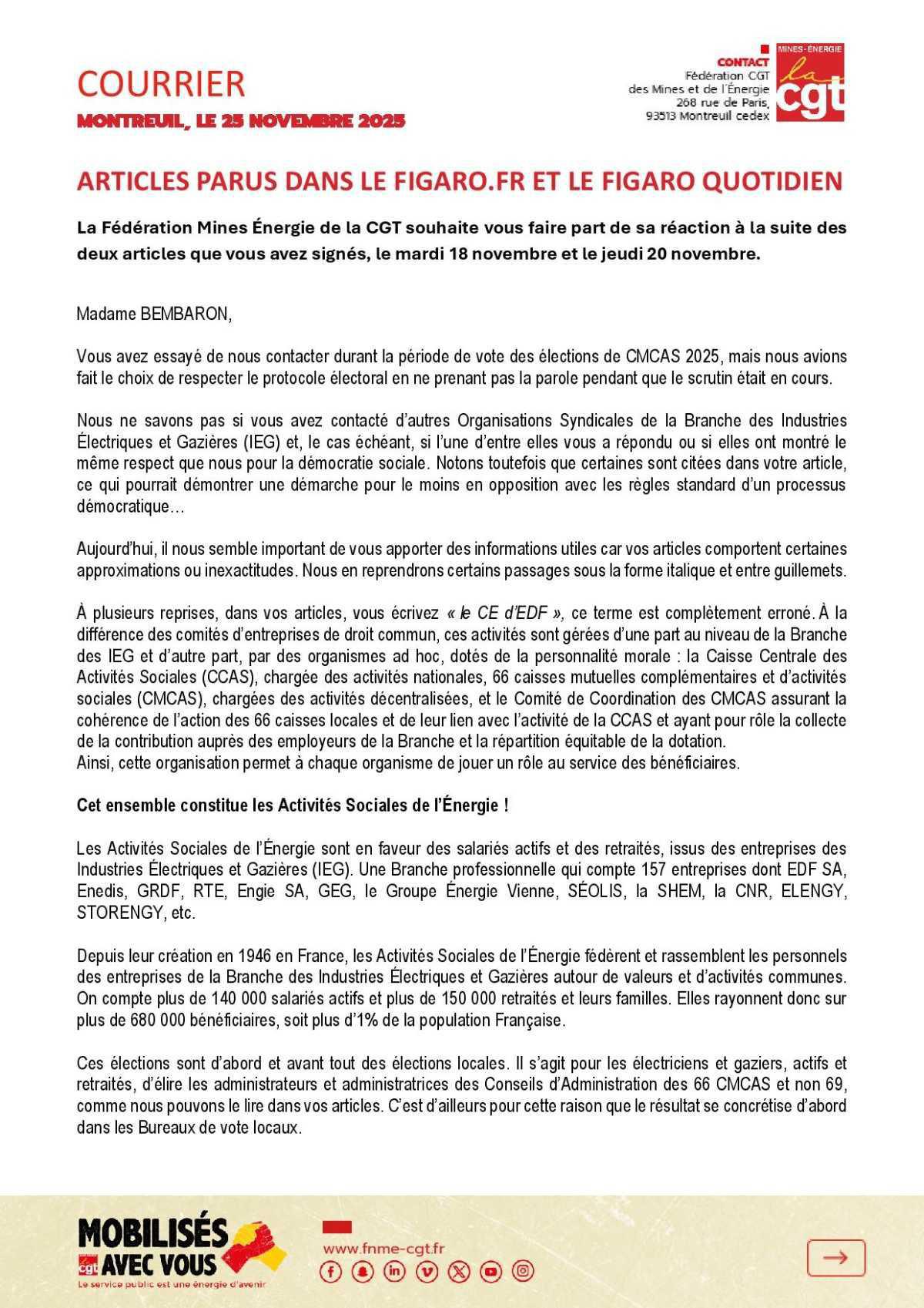 Courrier : Réponse aux articles parus dans le figaro.fr et le figaro quotidien