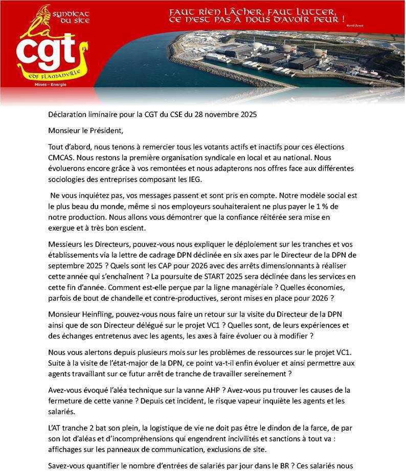 déclaration du CSE du 28 novembre 2025