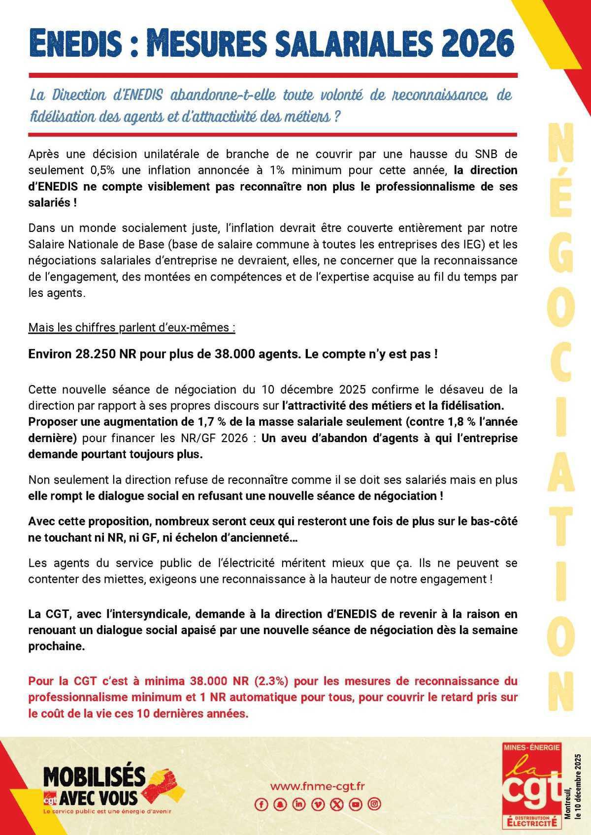 Enedis : mesures salariales 2026