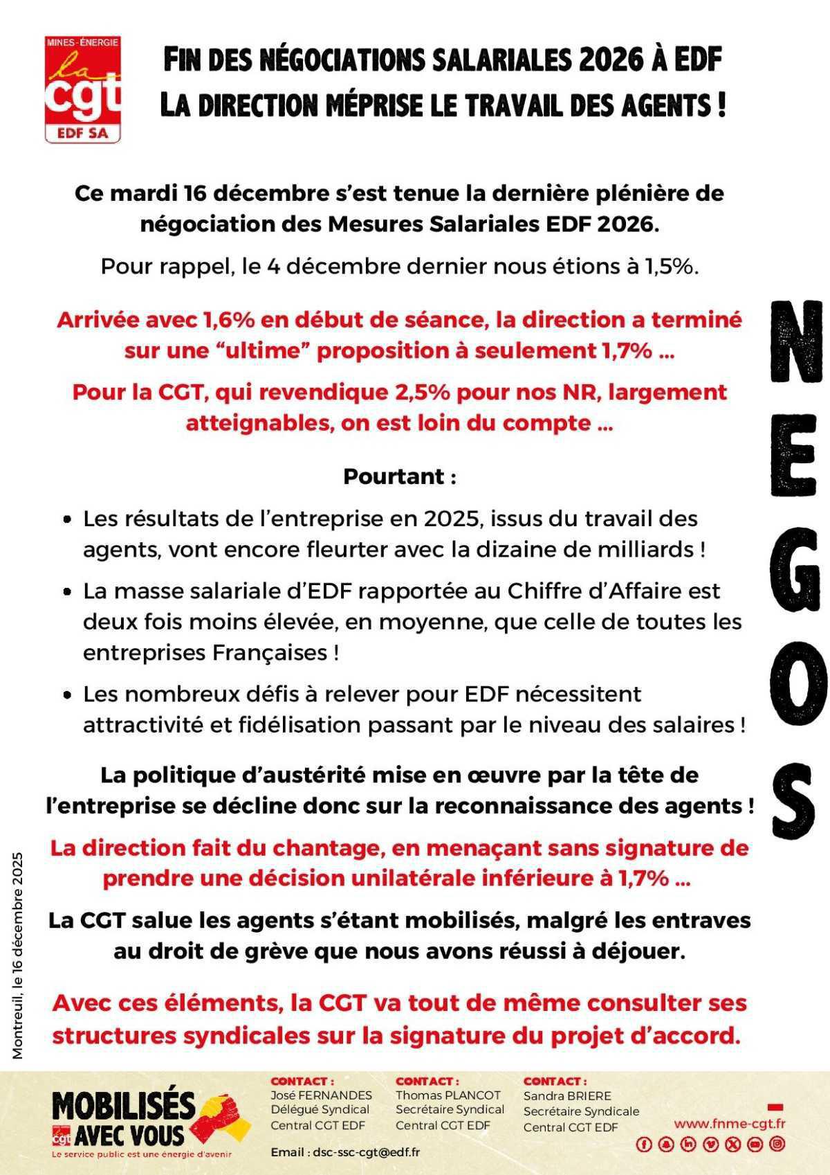 Fin des négociations salariales 2026 à EDF : la direction méprise le travail des agents ! 