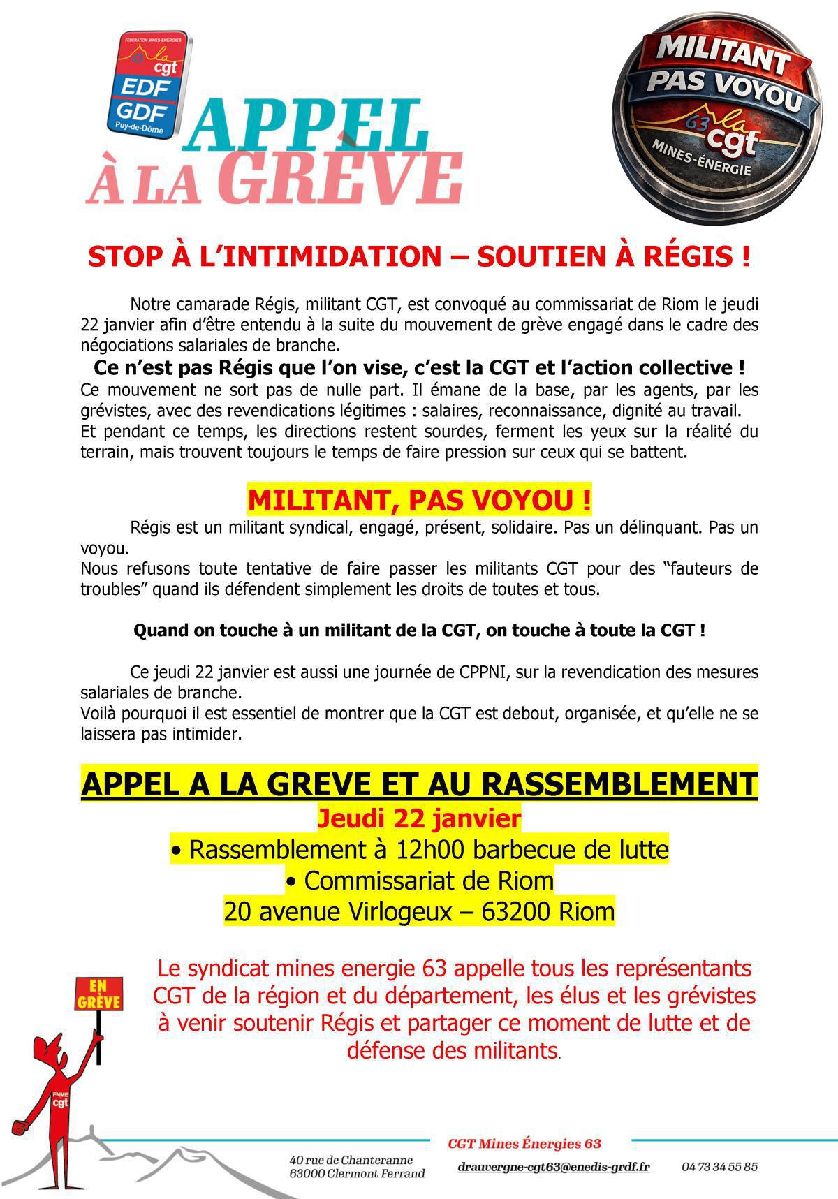 [CGT 63] Soutien à Régis