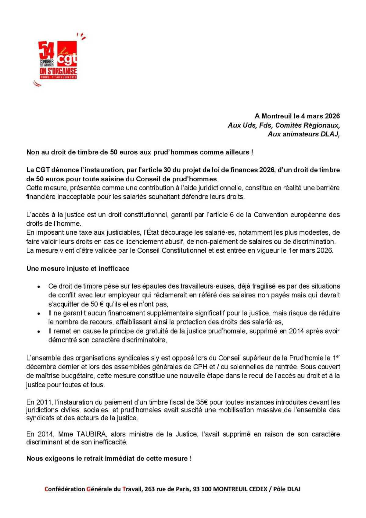 Non au droit de timbre de 50 euros aux prud'hommes comme ailleurs !