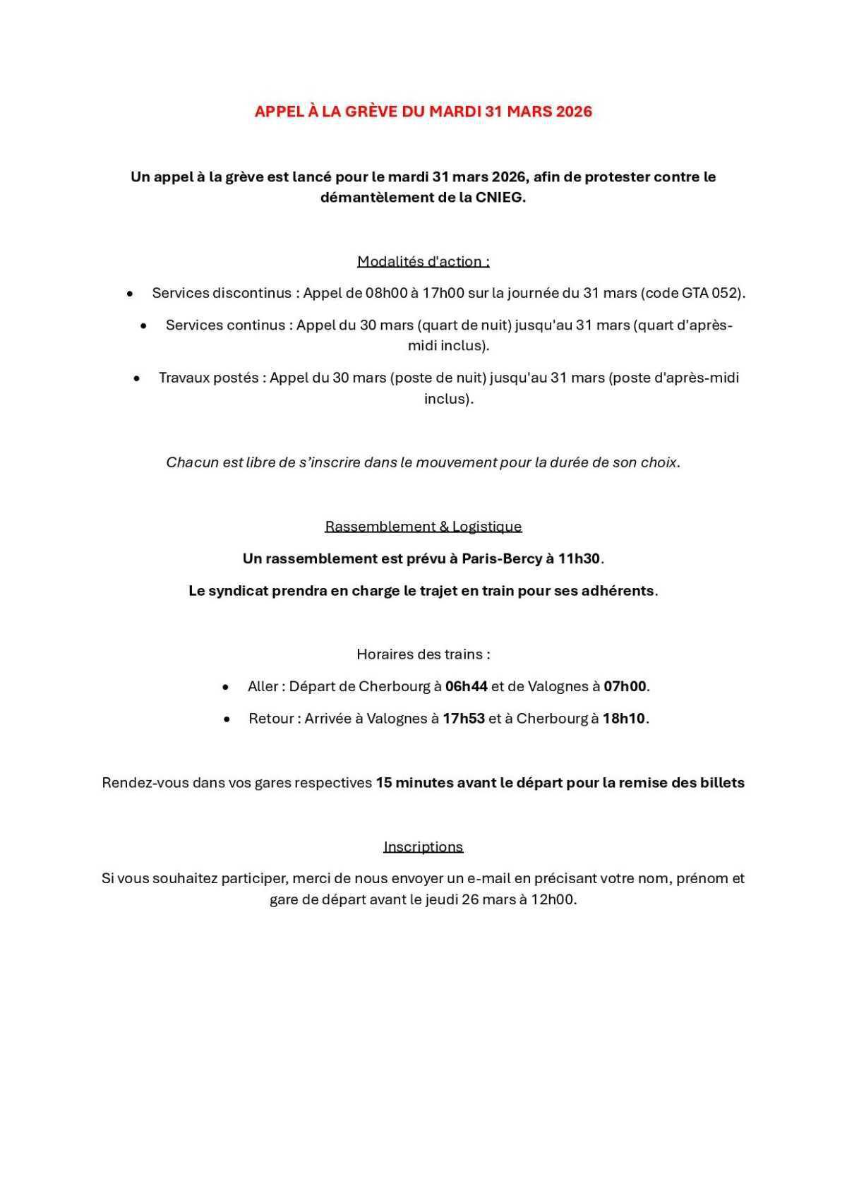 Modalités d'appel à la grève pour le mardi 31 mars