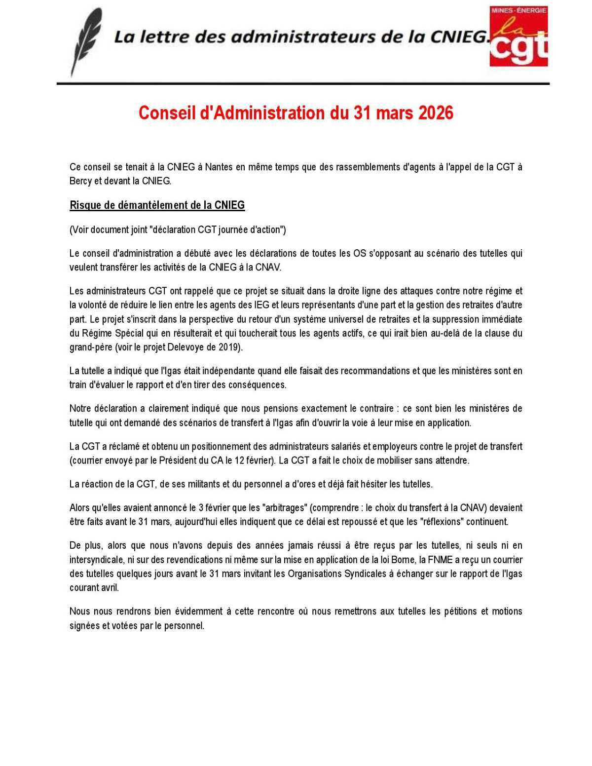 La lettre des administrateurs de la CNIEG : Conseil d'Administration du 31/03/26 + déclaration CGT