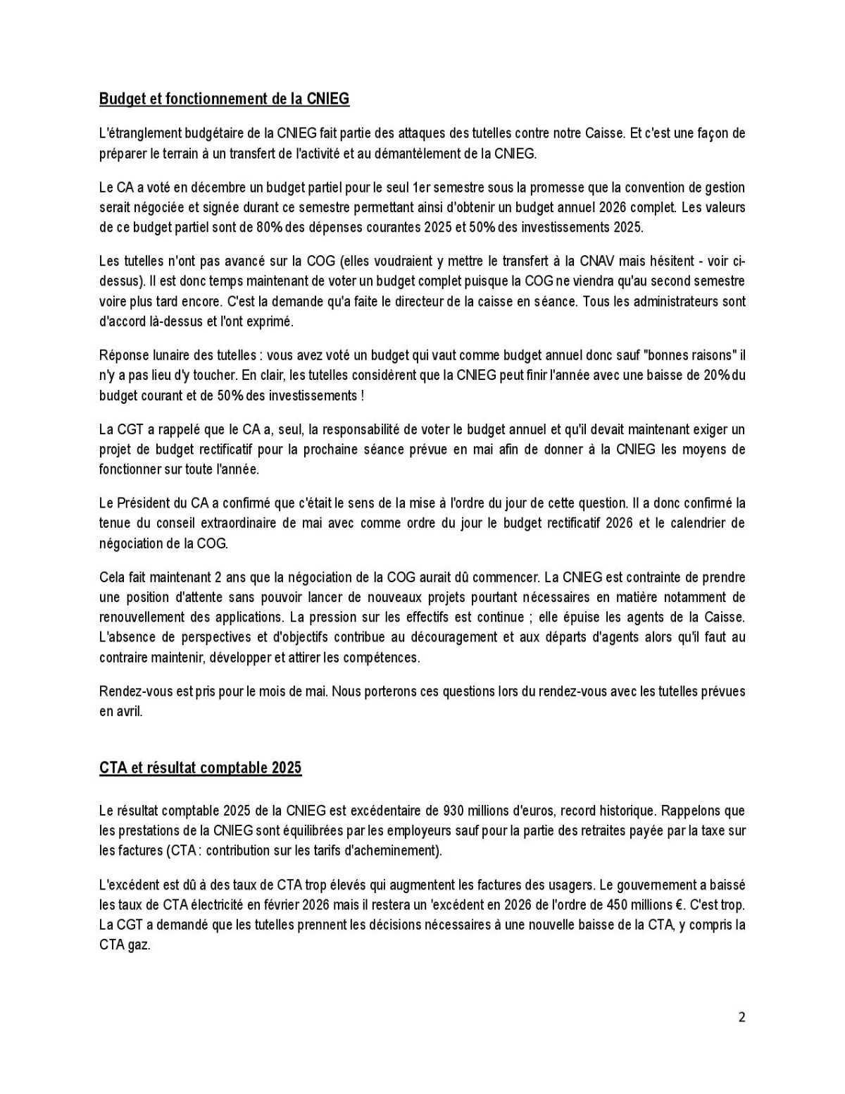 La lettre des administrateurs de la CNIEG : Conseil d'Administration du 31/03/26 + déclaration CGT