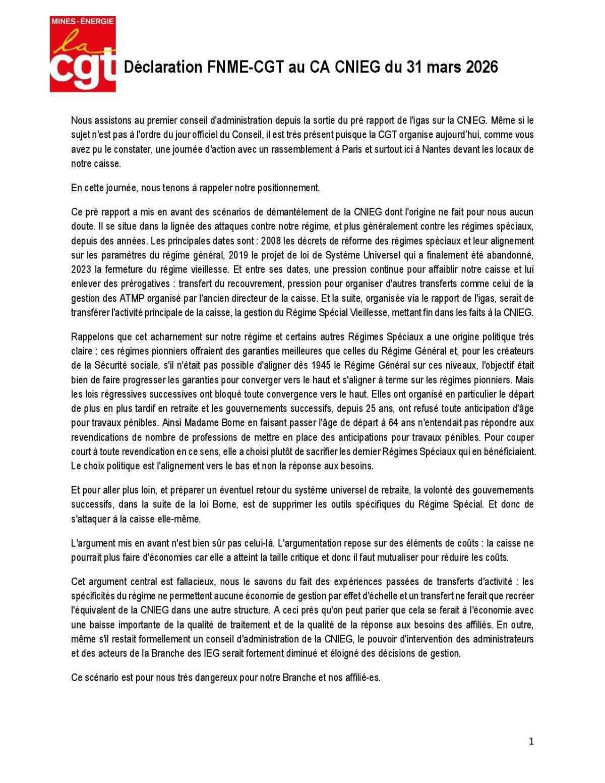 La lettre des administrateurs de la CNIEG : Conseil d'Administration du 31/03/26 + déclaration CGT