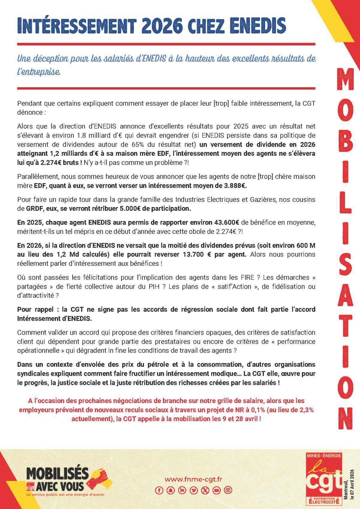 [Enedis] : Intéressement ENEDIS 2026