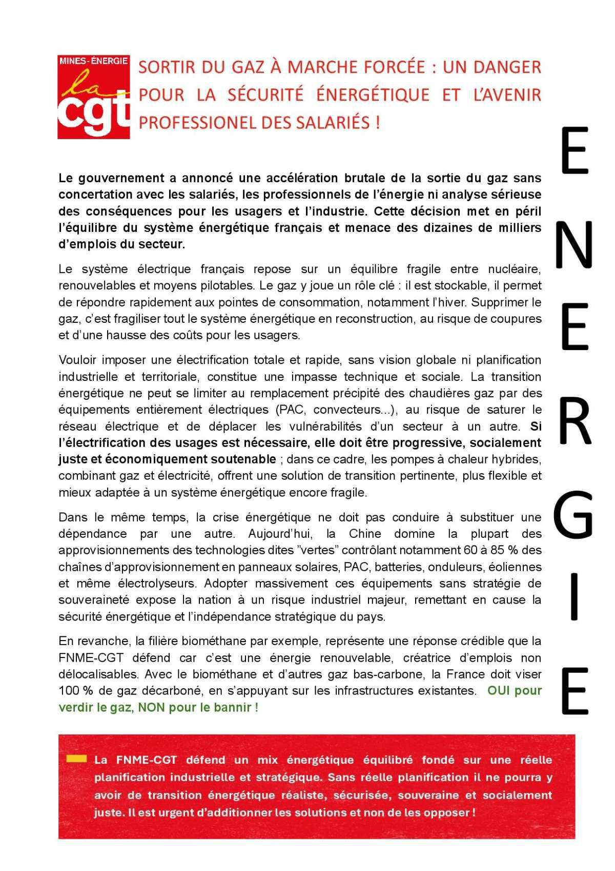 ENERGIE : Sortir du gaz à marche forcée: un danger pour la sécurité énergétique et l'avenir professionnel des salariés !