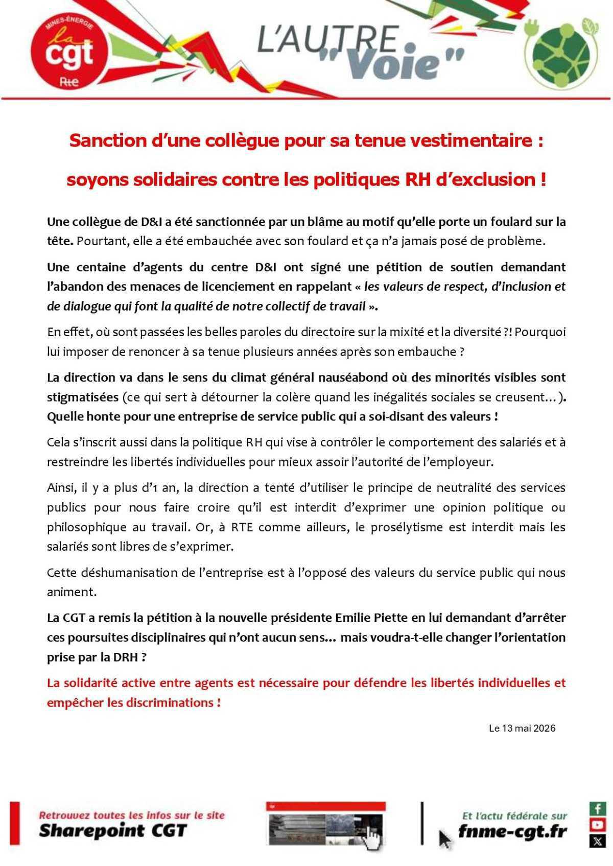 Sanction d'une collègue pour sa tenue vestimentaire : soyons solidaires contre les politiques RH d'exclusion !