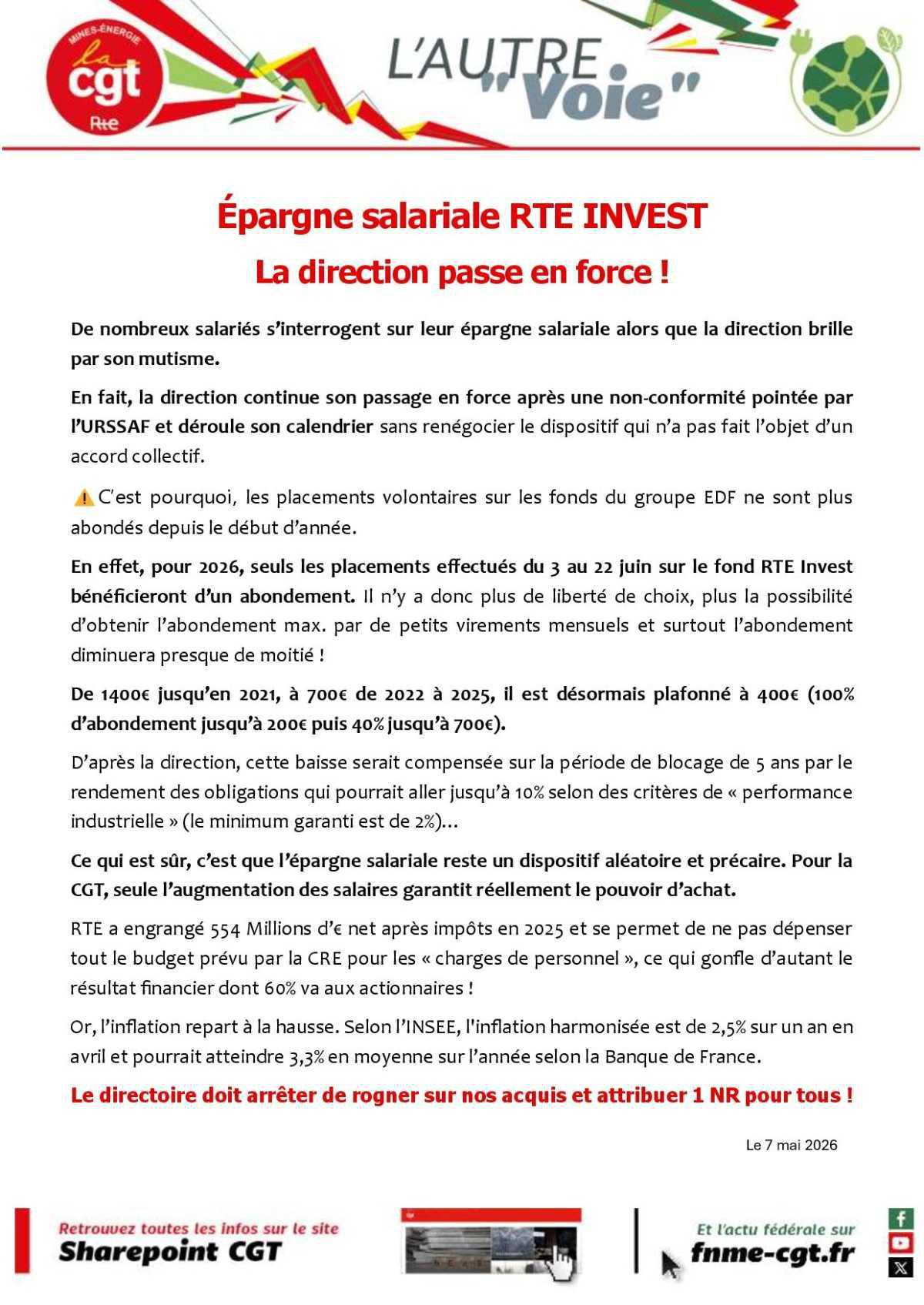 Epargne salariale RTE INVEST. La direction passe en force !