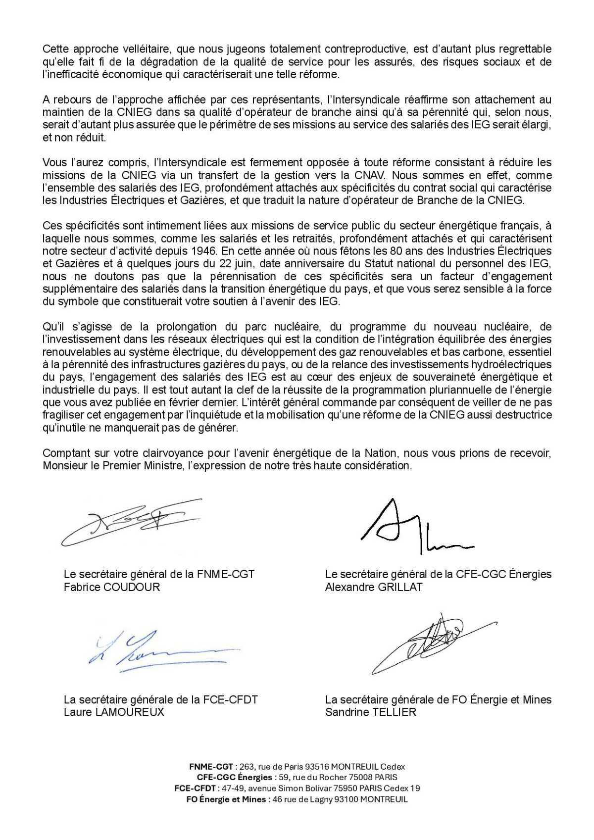 Lettre au 1er ministre : Avenir de la CNIEG