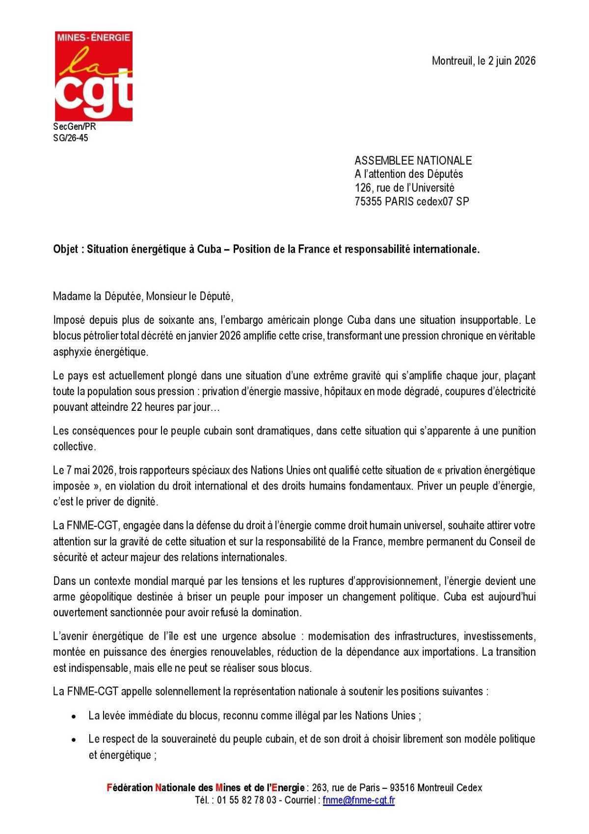 Situation énergétique à Cuba - Position de la France et responsabilité internationale