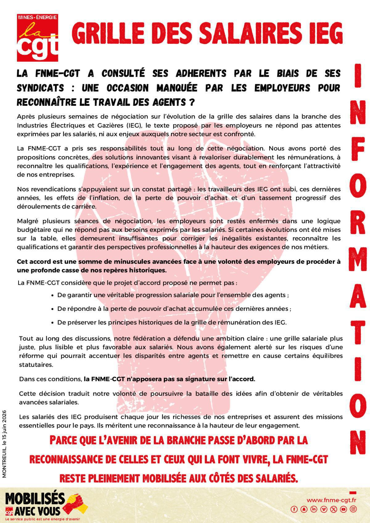La FNME-CGT ne signera pas la projet d'accord d'évolution de la grille des salaires