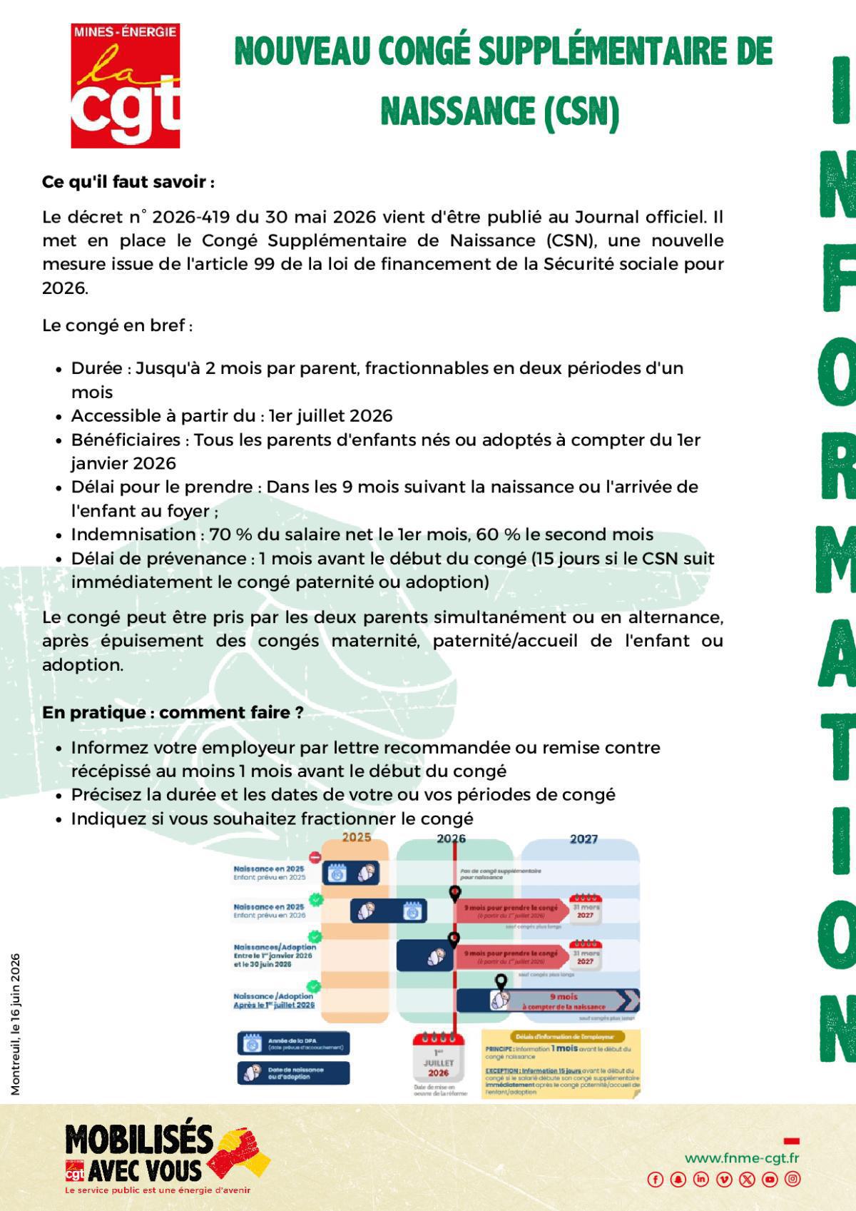 Nouveau Congé Supplémentaire de Naissance (CSN)