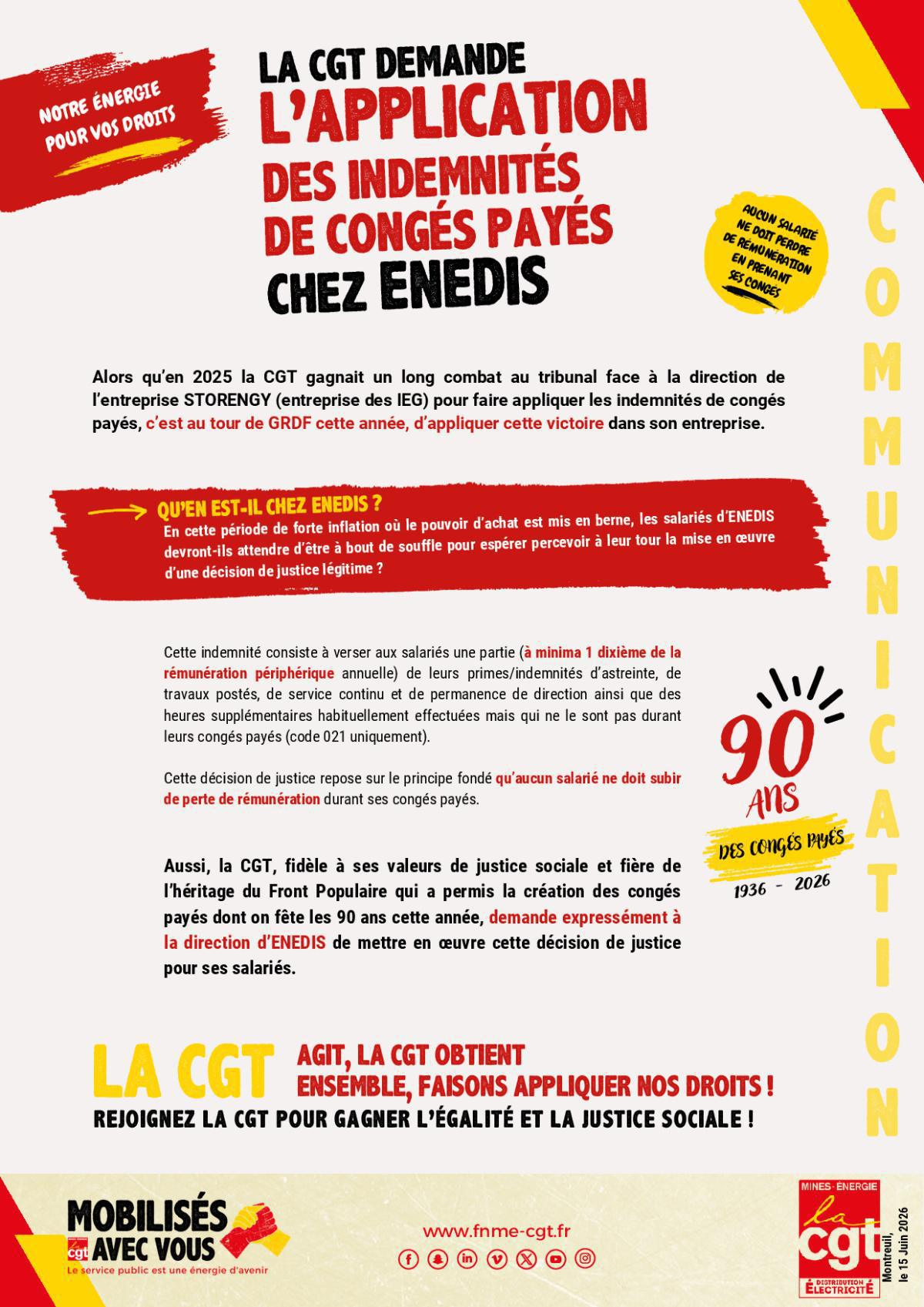 ENEDIS : La CGT demande l'application des indemnités de congés payés chez ENEDIS