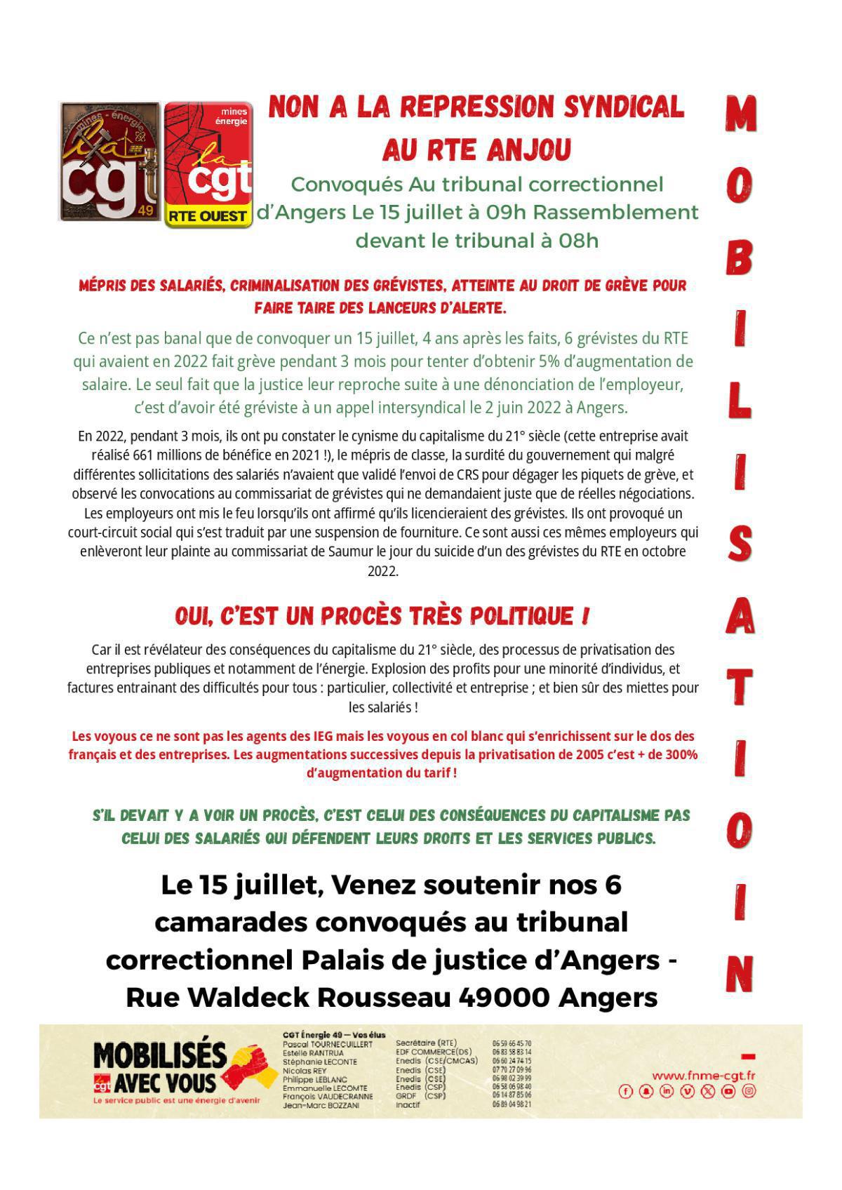 Non à la répression syndical au RTE Anjou