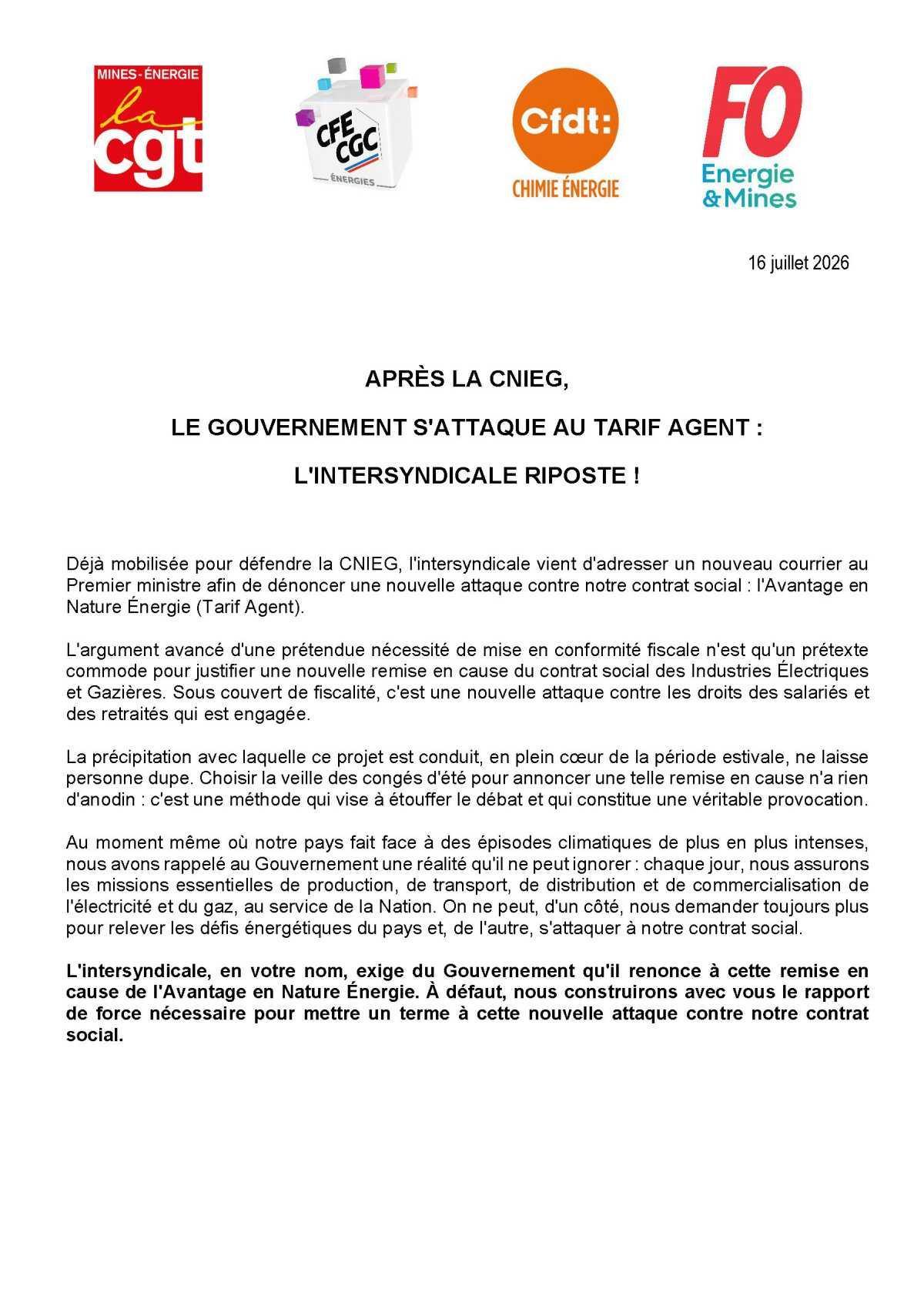 Tarif Agent: l'intersyndicale riposte!