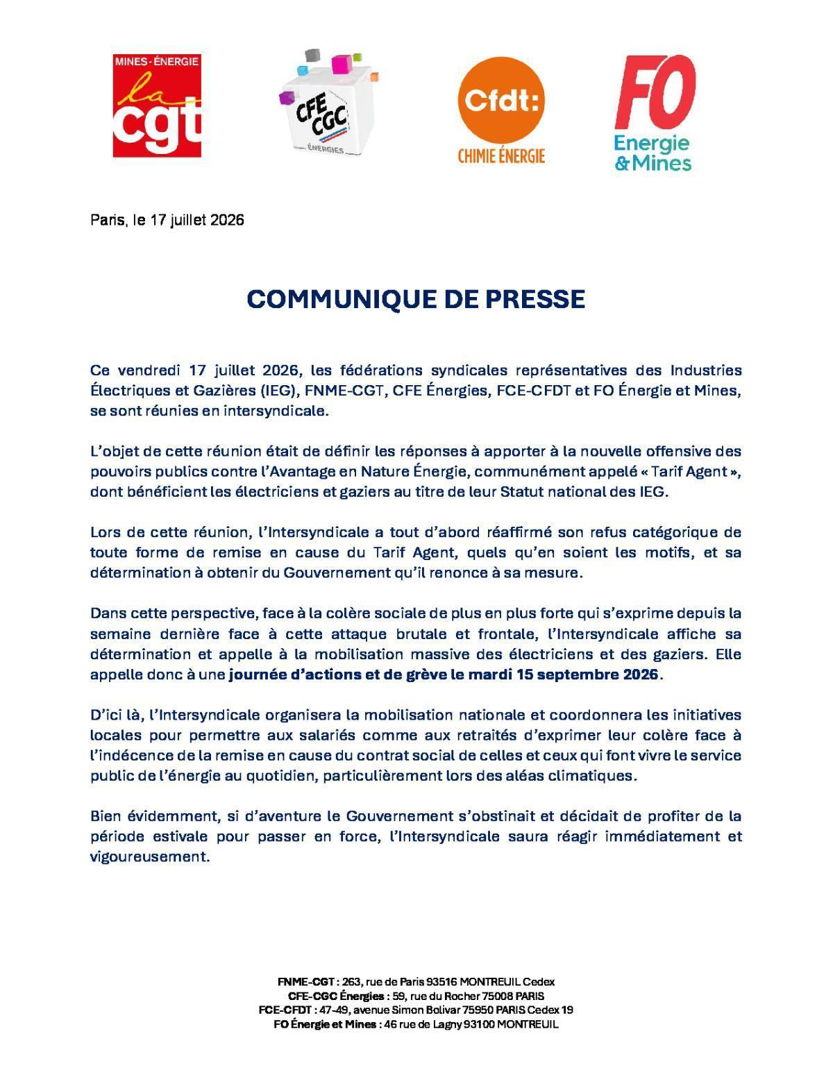 Communiqué de presse de l'Intersyndicale des IEG.