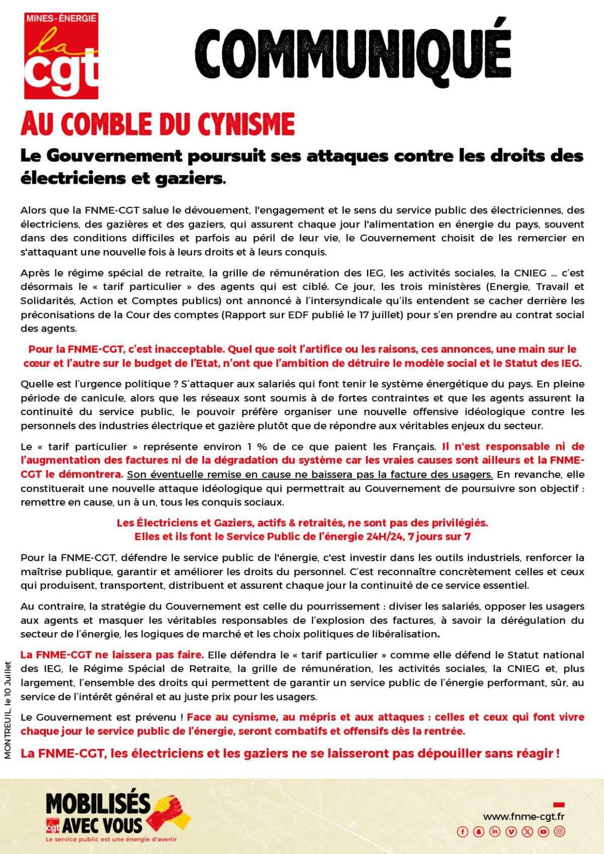 Communiqué : au combles du cynisme