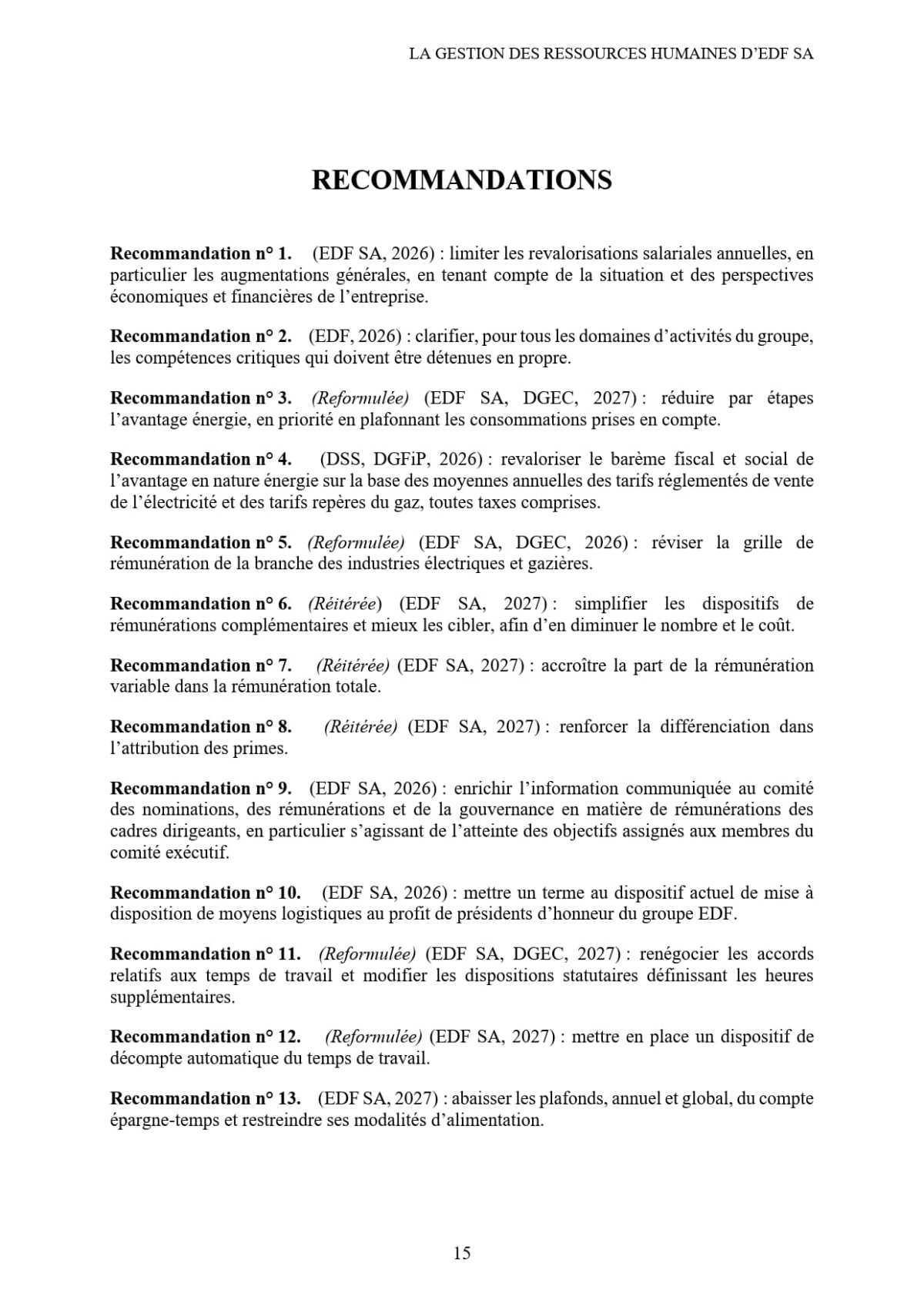 Recommandations & rapport de la cour des comptes