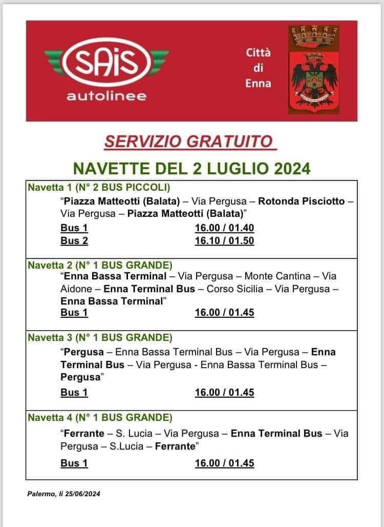 Navette del 2 Luglio 2024 - SERVIZIO GRATUITO