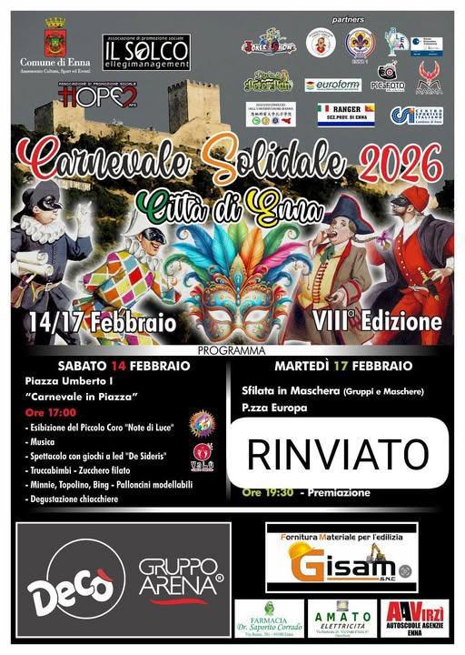 Evento di Carnevale RINVIATO al 19 febbraio