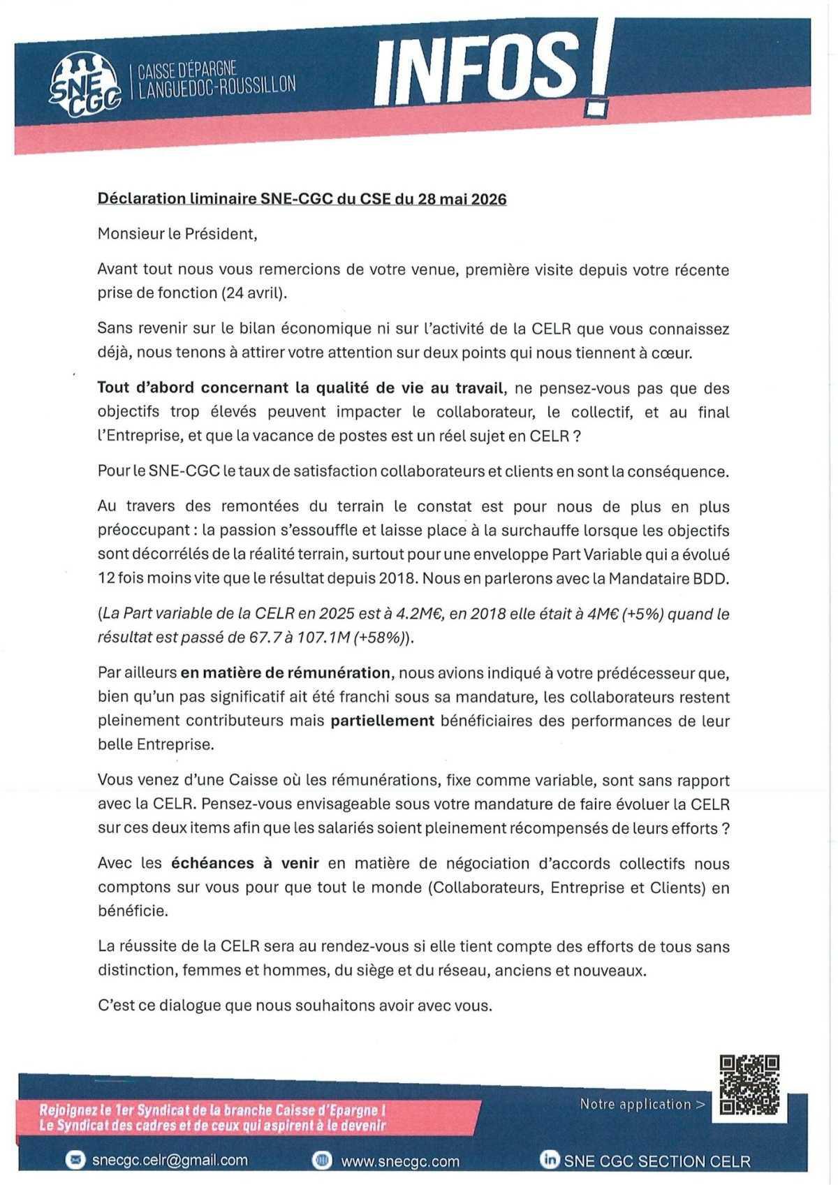 Déclaration liminaire SNE-CGC au CSE du 28 mai 2026
