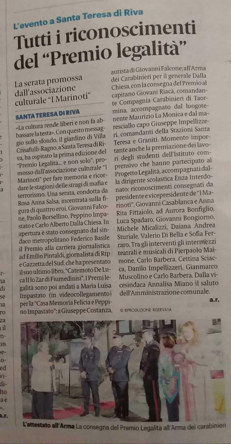 Prima edizione del Premio Legalità...e non solo "I Marinoti"