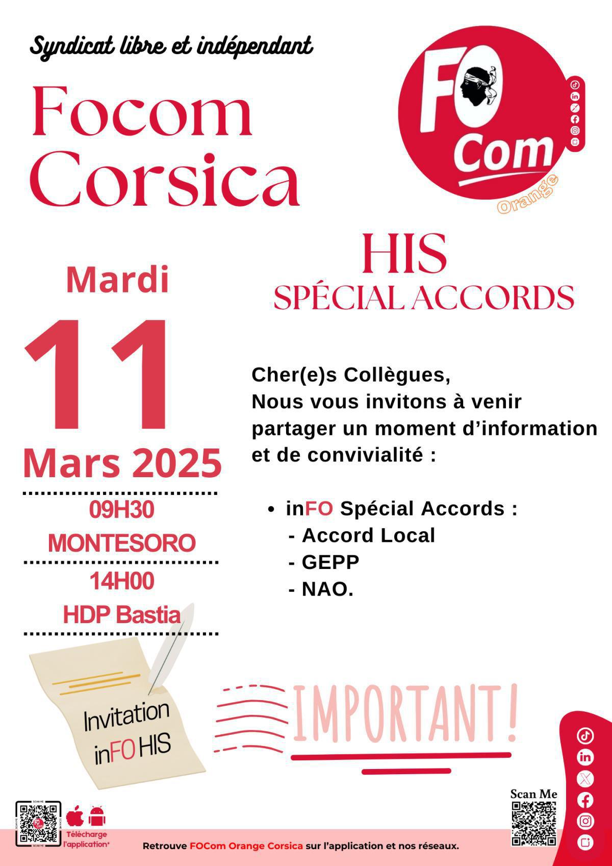 RAPPEL [ Mardi 11 mars : Nous organisons une HIS à 9h30 à Montesoro et à 14h00 à HDP Bastia ] Nous évoquerons les accords : Local, GEPP, NAO. Venez et faites venir 👍📄🔴