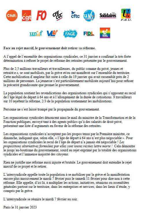 CONTRE LA RÉFORME DES RETRAITES: INTERSYNDICALE DU 31 JANVIER 2023