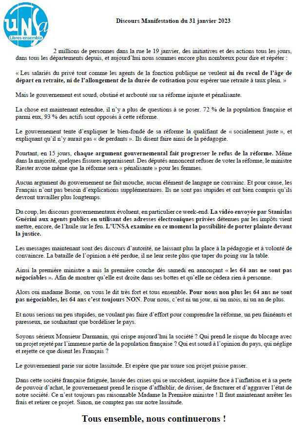DISCOURS POUR LA MANIF DU 31 JANVIER 2023