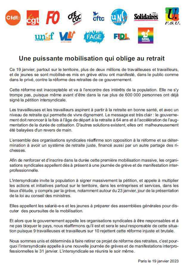 RÉFORME DES RETRAITES: UNE MANIF NATIONALE DU 19 JANVIER REUSSIE