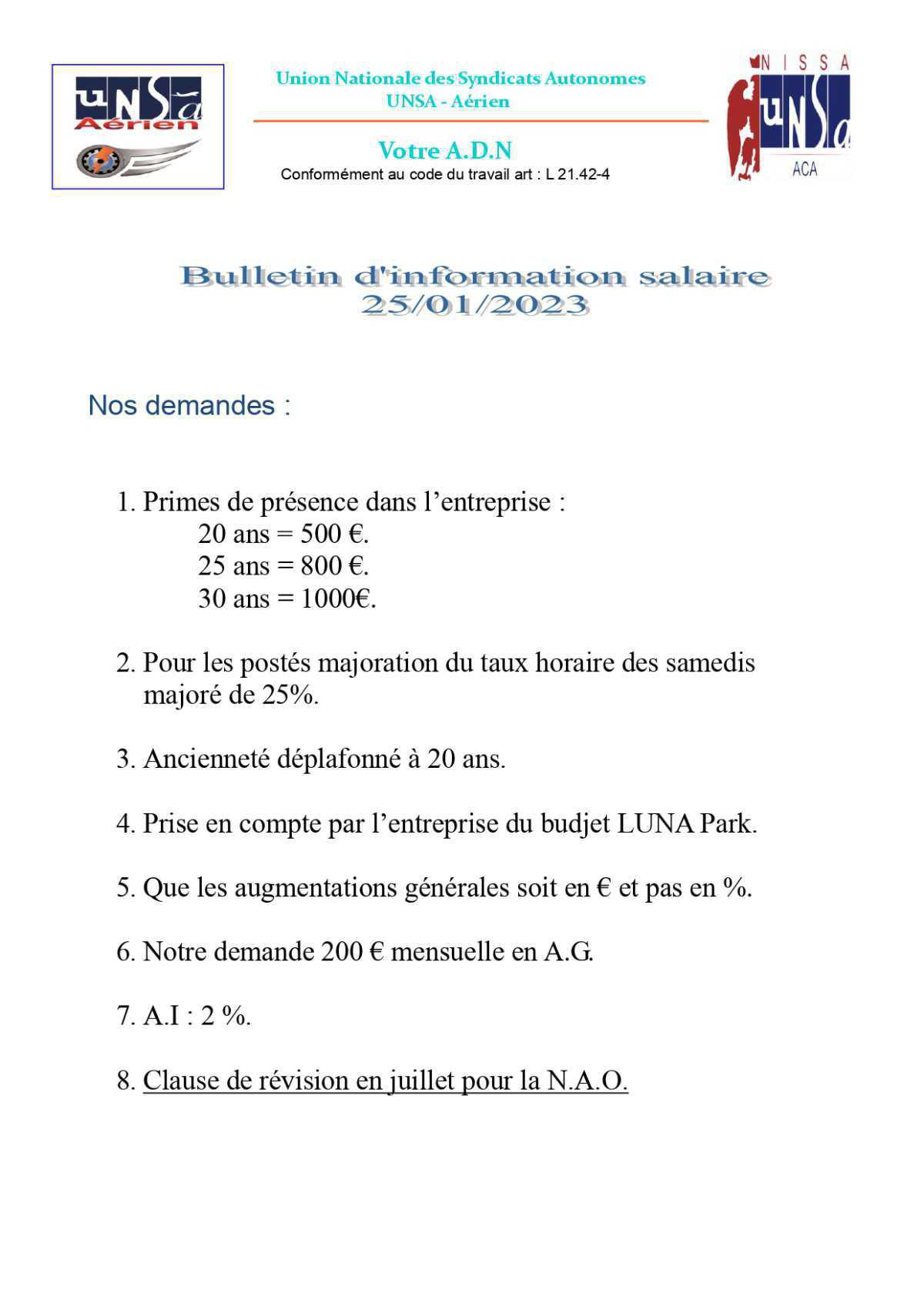 Bulletin information salaire 25/01/2023