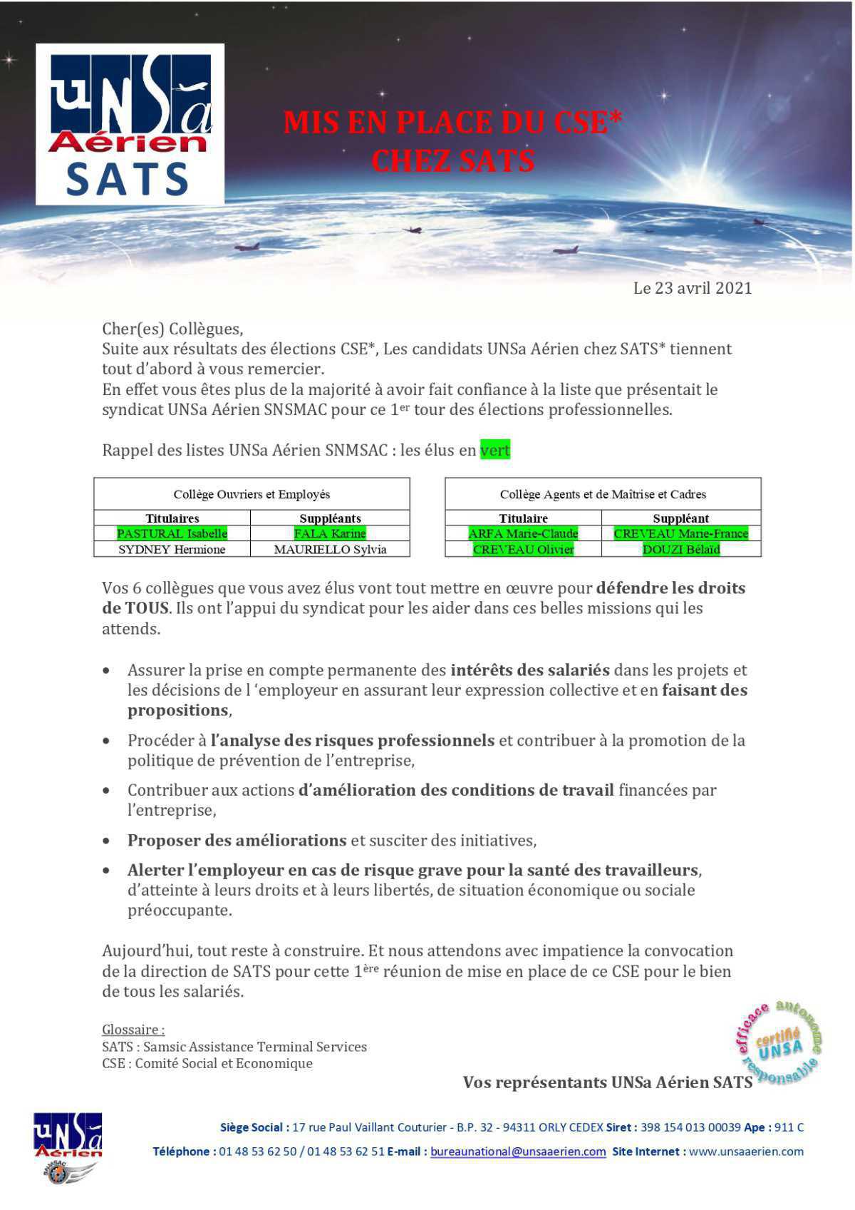 MIS EN PLACE DU CSE CHEZ SATS