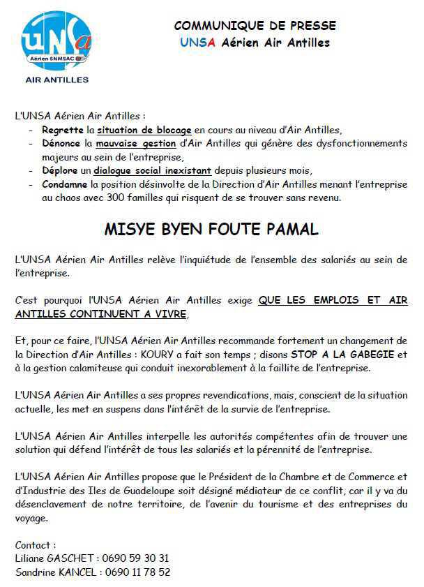 Communique de presse UNSa Aérien Air Antilles