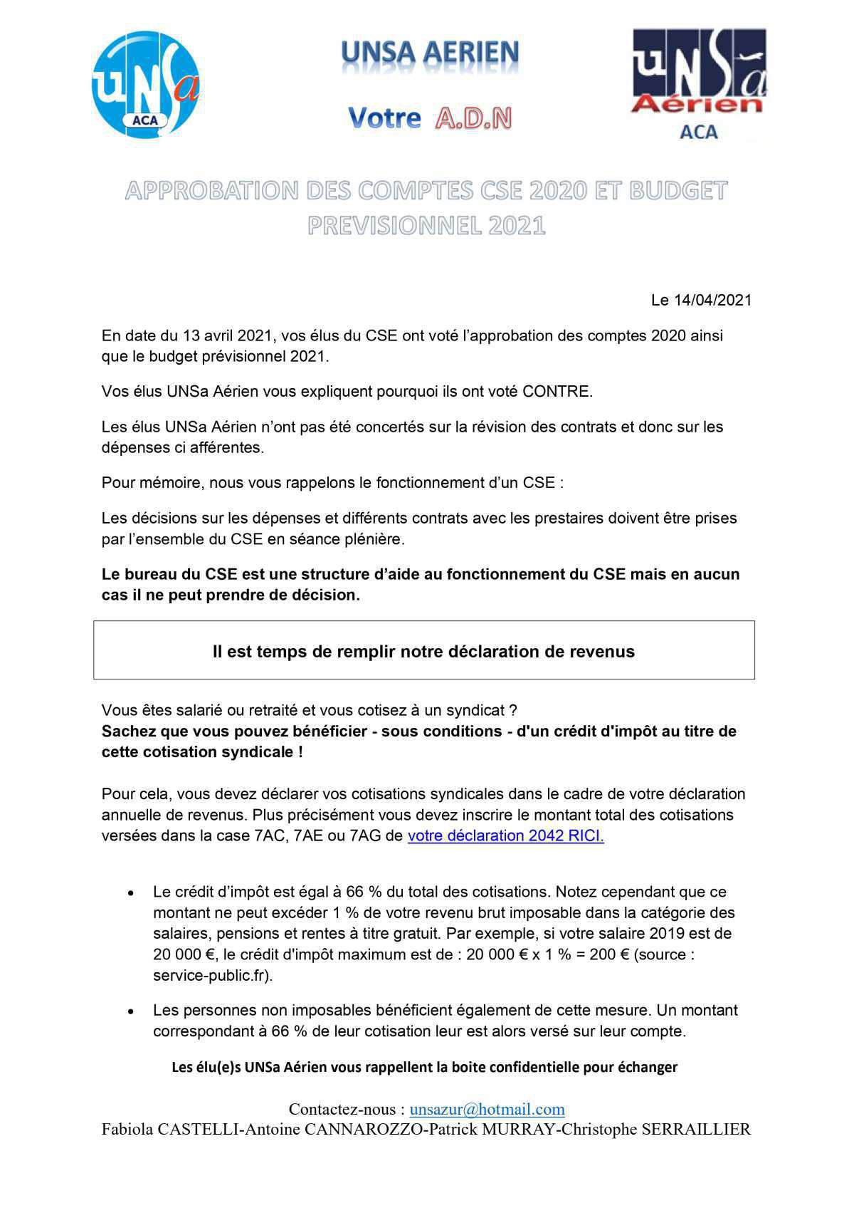 Approbation des comptes CSE 2020 et budget previsionnel 2021