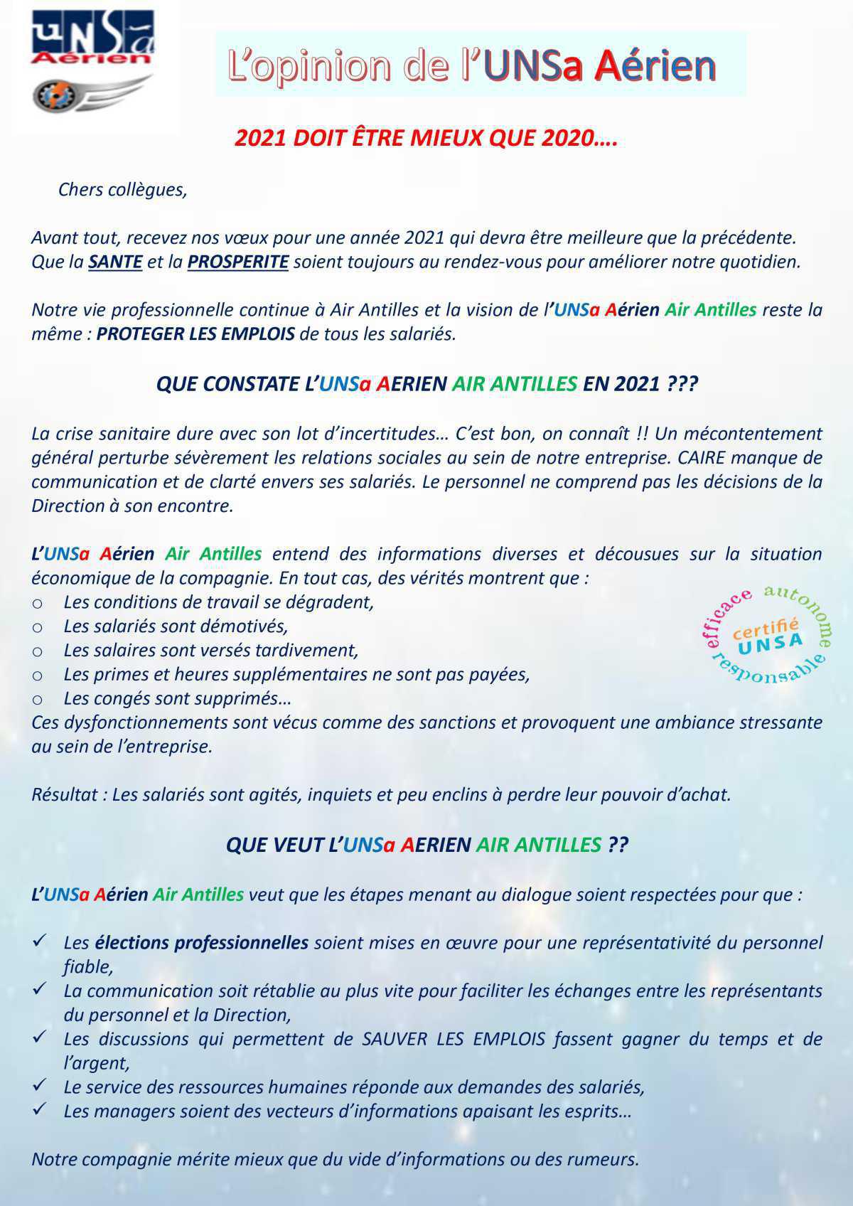 L' Opinion de l' UNSa Aérien 30/01/2021
