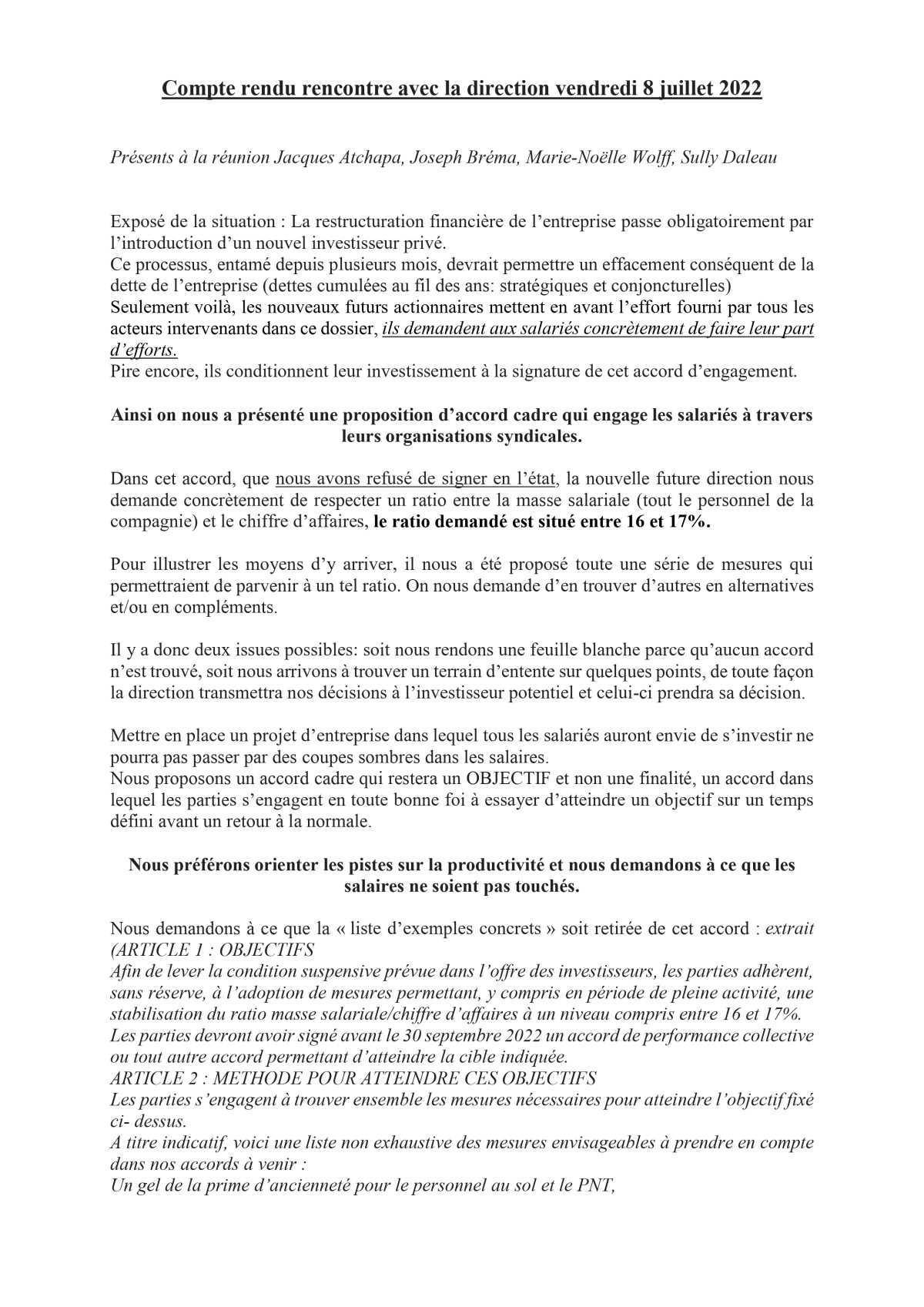 Compte rendu rencontre avec la direction vendredi 8 juillet 2022
