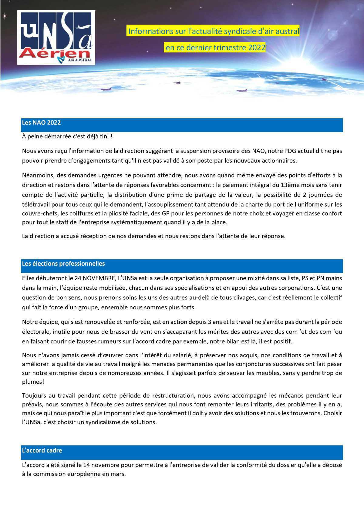 Informations sur l’actualité syndicale d’air austral en ce dernier trimestre 2022