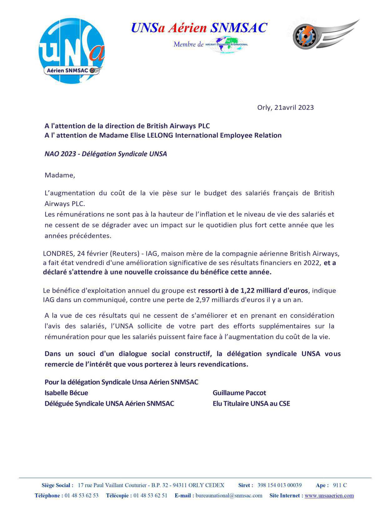 NAO 2023 - Délégation Syndicale UNSA 