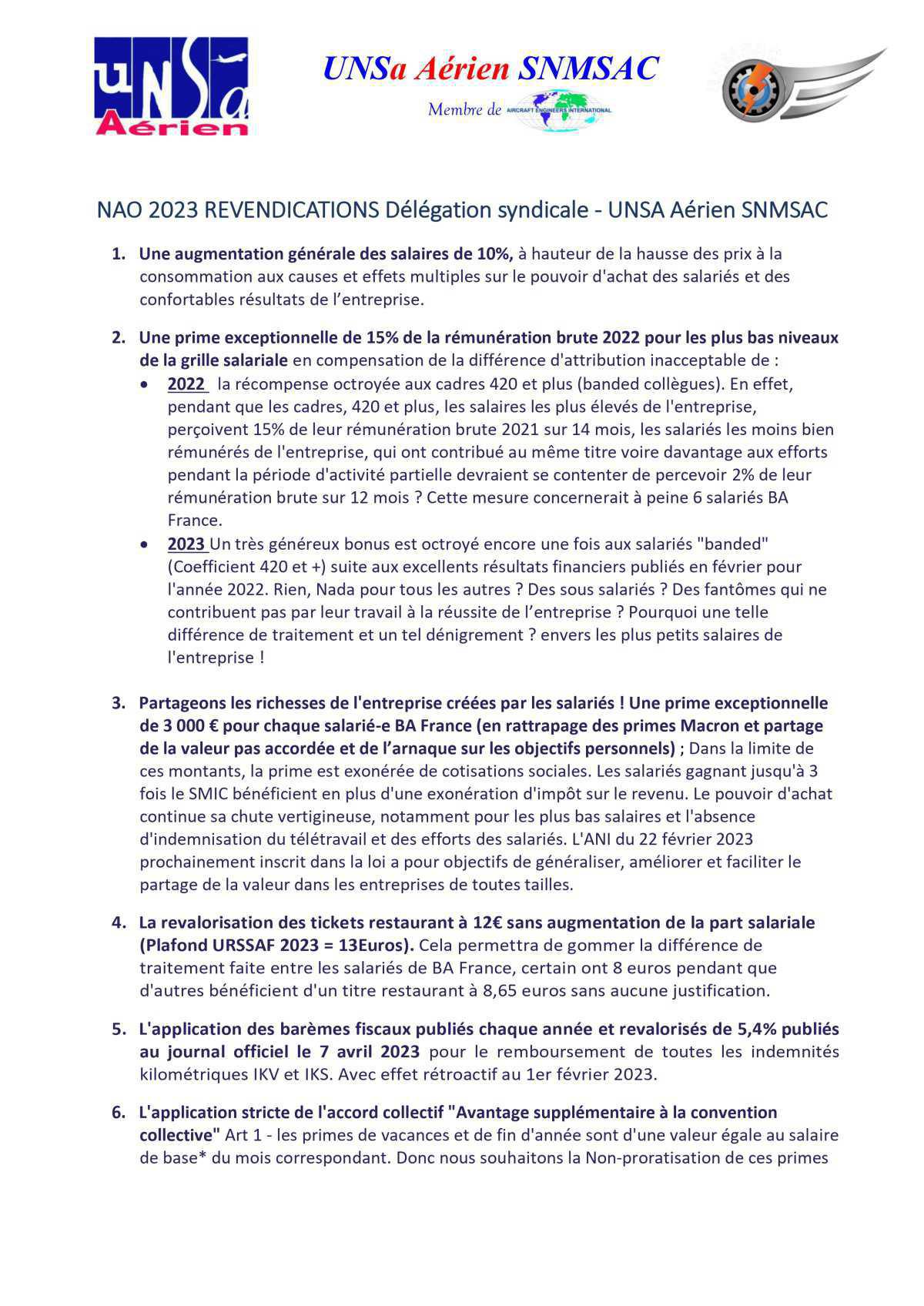 NAO 2023 - Délégation Syndicale UNSA 