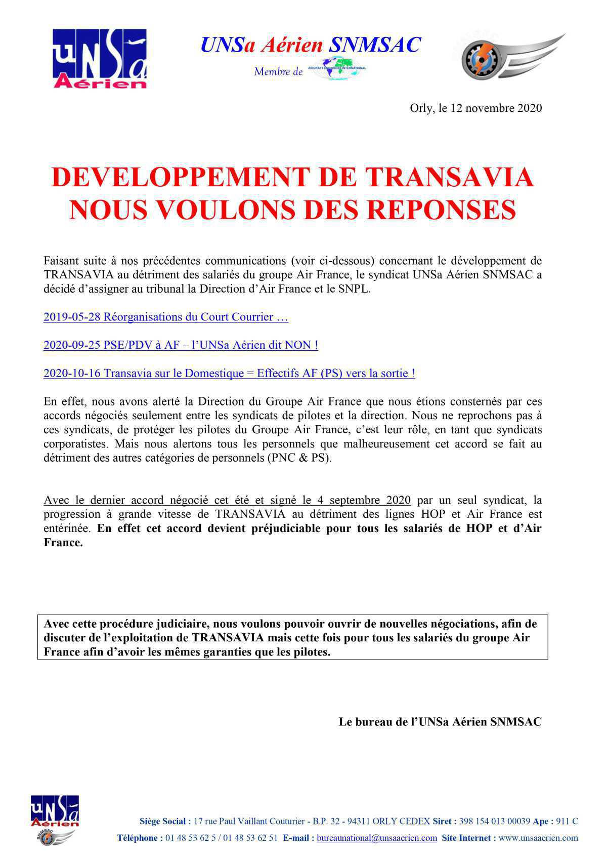 DEVELOPPEMENT DE TRANSAVIA NOUS VOULONS DES REPONSES