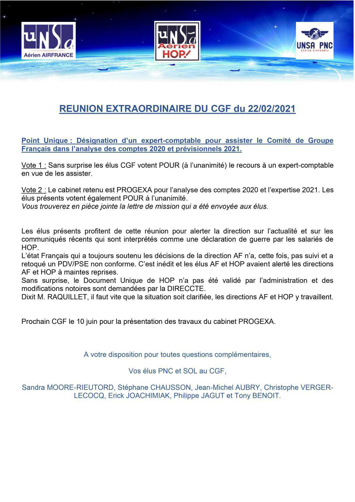 REUNION EXTRAORDINAIRE DU CGF du 22/02/2021