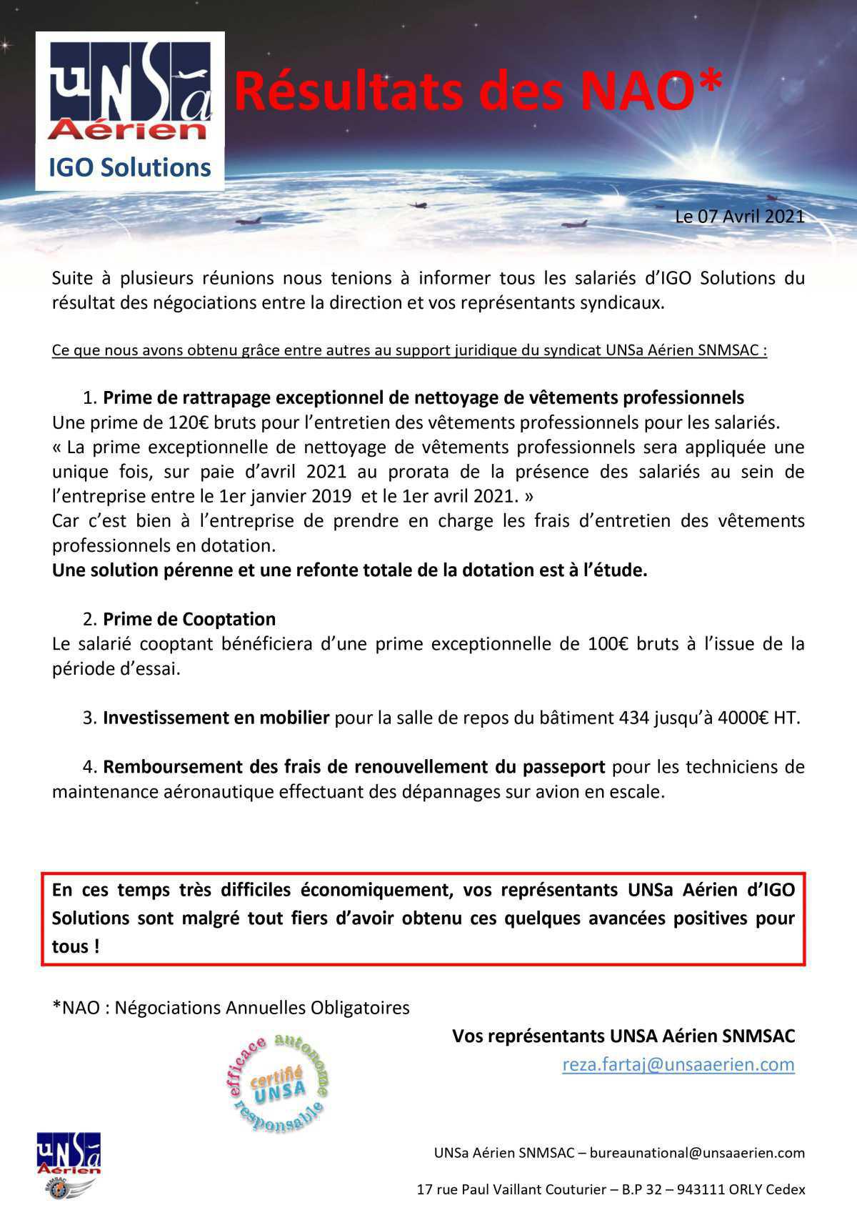 Résultats des NAO 2021