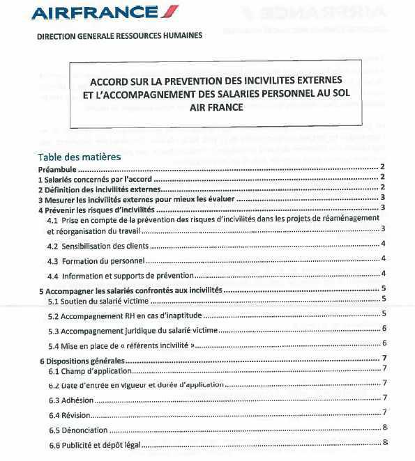 Accord sur la prévention des incivilités externes et l accompagnement des salariés personnel au sol Air France signé le 06 mars 2019