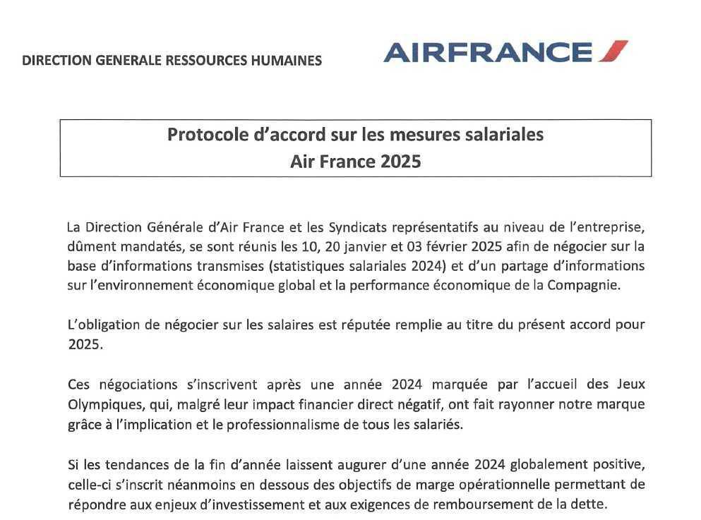 Protocole d'accord sur les mesures salariales Air France 2025