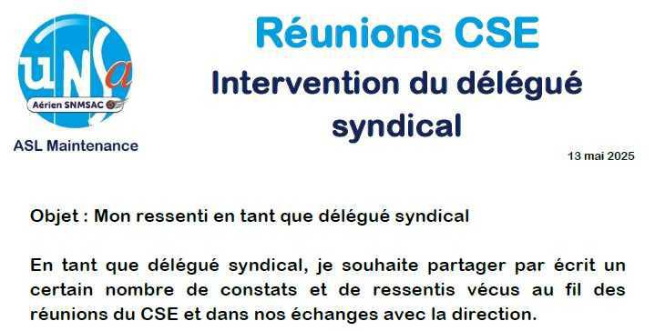 Réunions CSE - Intervention du DS UNSa Aérien